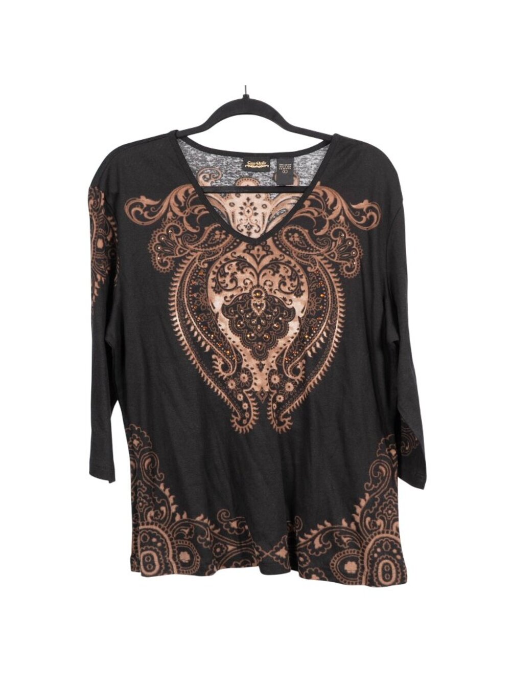 Paisley VNeck Shirt L Black Brown VTG Y2K Tunic Rhinestone 3/4 Sleeve Boho Indie